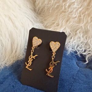 Vintage Yves Saint Laurent crystal heart and logo dangle earrings